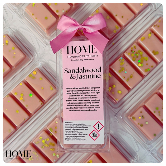 Packaged wax melts with a pink bow labeled 'Sandalwood & Jasmine' by Home Fragrances by Kerry.