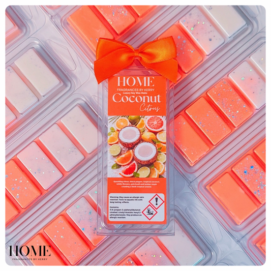 Packaged wax melts with a coconut citrus flavor on a white background